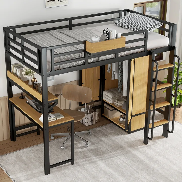 Eisenbett, Hochbett Doppeltür-Kleiderschrank Treppe mit Handläufen Schreibtisch und Aufbewahrungsregal oberes Bett mit Ablagefächern, Eisen+MDF, Schwarz+Natur, 90x200cm