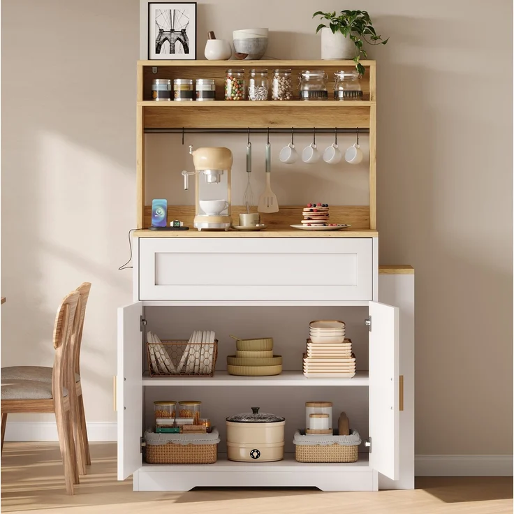 Küchenschrank 144 x 40 x 142 cm in Weiß mit ausziehbarer Arbeitsplatte und Seitenregal – Bild 2