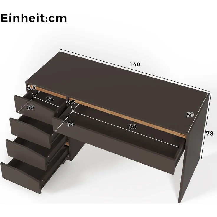 Schreibtisch 140x50x78 cm in Grau mit Eiche-Optik, MDF, 5 Schubladen – Bild 4