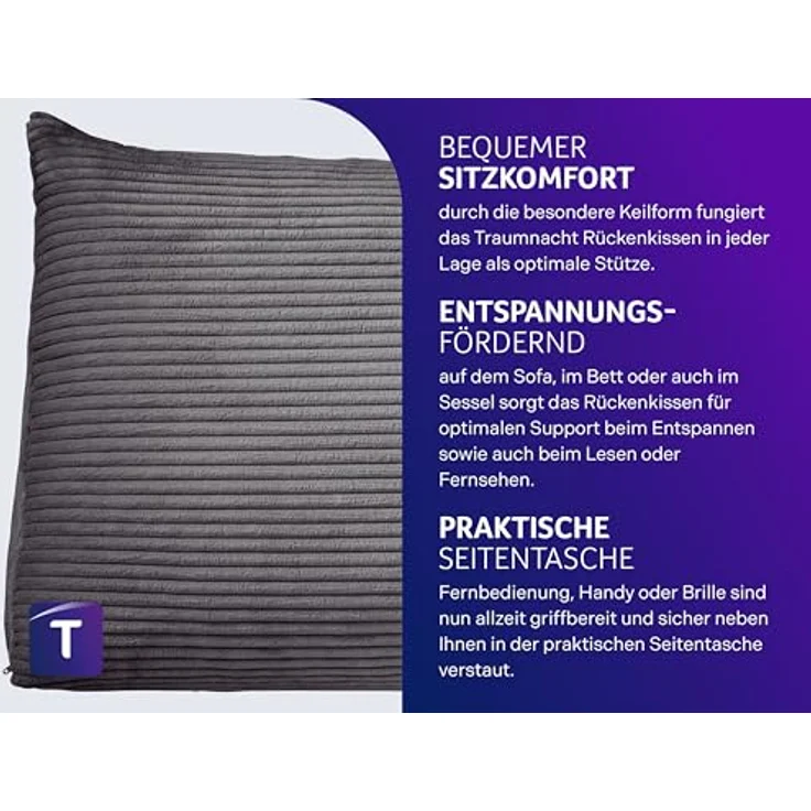 Traumnacht Cozy Rückenkissen, Lesekissen,70x40 cm, dunkelgrau,abnehmbarer,waschbarer Bezug aus gemütlichem Kord, praktisches Seitenfach, Öko-Tex zertifiziert,produziert nach deutschem Qualitätsstandard – Bild 3