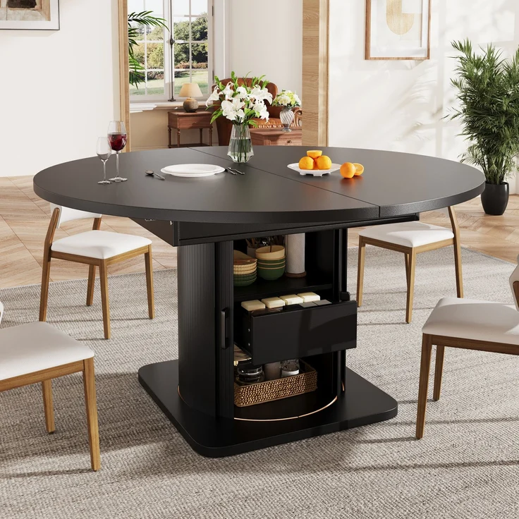 Esstisch 118-158x118x76 cm ausziehbar in Schwarz, rund zu oval, mit Stauraum – Bild 1