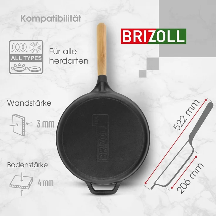 Ø26cm 54mm tief Gusseisenpfanne BRIZOLL Bratpfanne aus Gusseisen Eisenpfanne Gusspfanne rund mit Holzgriff von 4big. fun INDUKTION für alle Herdarten – Bild 4