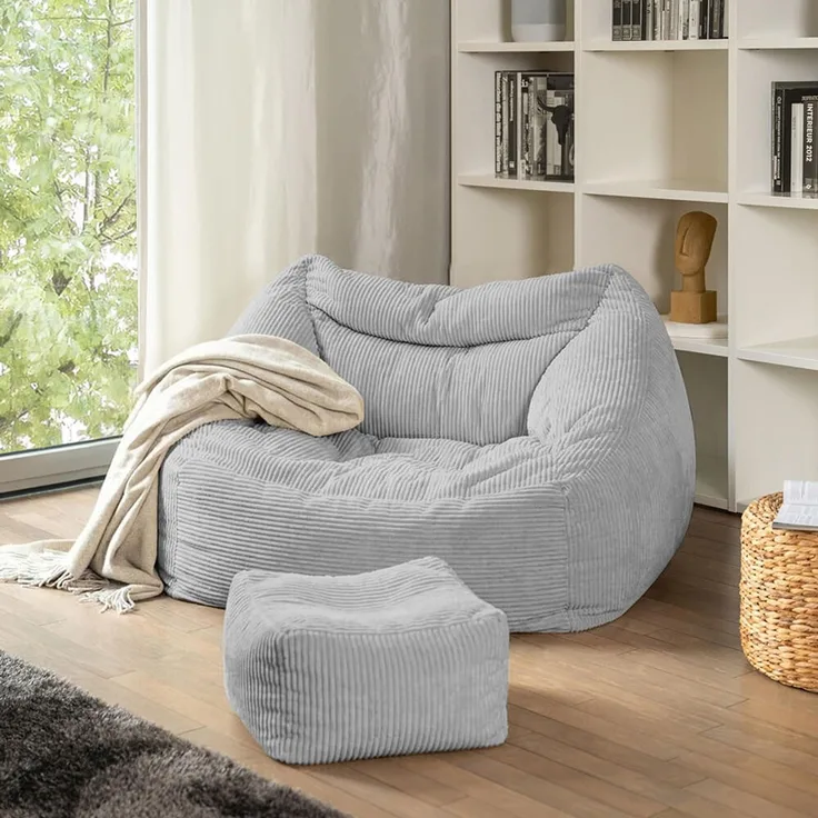 Home Deluxe 'Cozy' Sitzsack mit Hocker, Samt Cord hellgrau, 80 x 87 x 108 cm