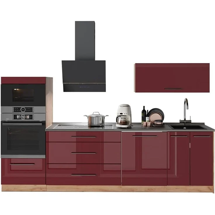 Küchenzeile Fame-Line Bordeaux Hochglanz/Goldkraft Eiche 280 cm, AP Anthrazit Vicco – Bild 8