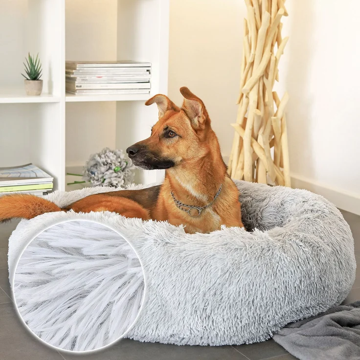 lionto Donut Hundebett, rundes Hundesofa mit Plüschbezug & Anti-Rutsch-Noppen, weich & gemütlich, 80 cm Durchmesser, hellgrau – Bild 3