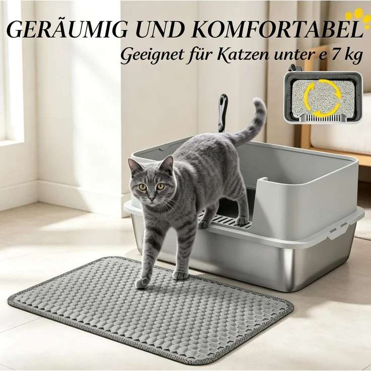 Katzenklo 60,2 x 40,2 x 29,5 cm aus Edelstahl mit hohen Seitenwänden und Streumatte – Bild 7