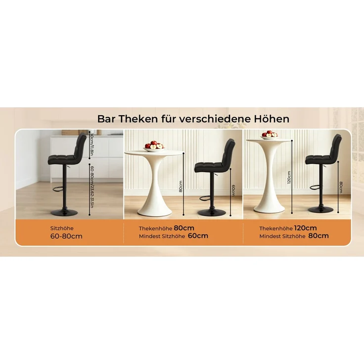 Botifly 2er Set Barhocker Schwarz Kunstleder, Höhenverstellbar 60-80cm, 360° Drehbare Barstühle mit Fußstütze, SGS-zertifizierte Gasdruckfeder, für Küche, Bar & Theke – Bild 9