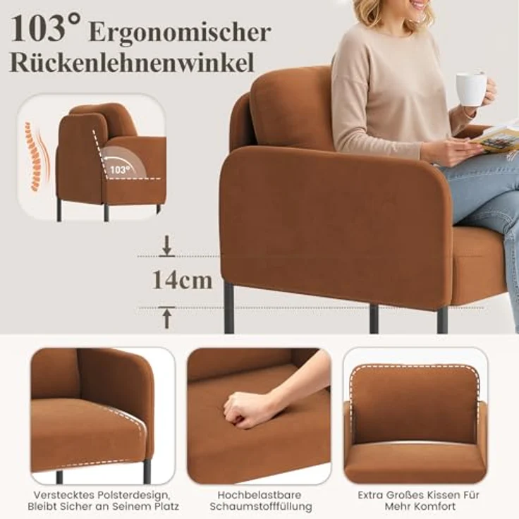 COLAMY Gepolsterter Ohrensessel aus Samt – Moderner Lounge-Sessel mit weicher Rückenlehne, Komfortabler Sessel für Wohnzimmer, Schlafzimmer, Apartment & Leseecke, Orange – Bild 5