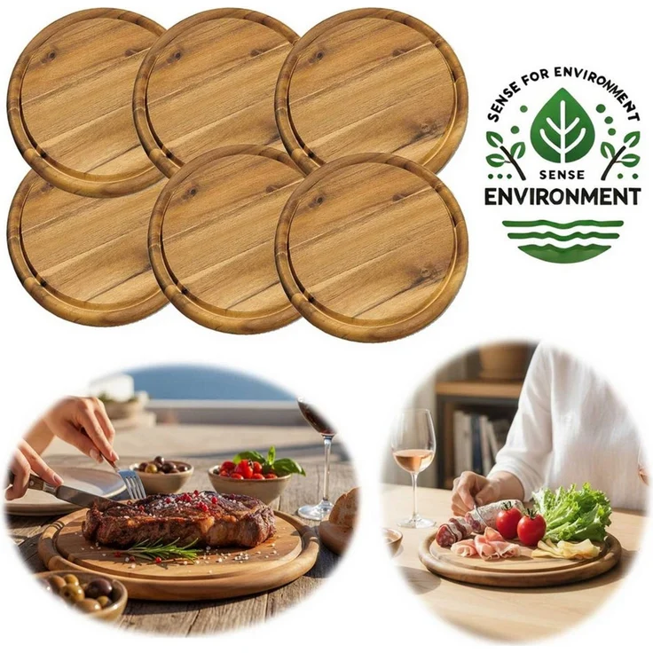 LS-LebenStil Servierbrett 6x Holz Fleischteller Servierteller 25cm Akazie Rund Schneidebrett, Holz, (Set - 6 Stück - Schneidebrett mit Saftrille Vesperbrett Brotzeitbrett, 6-St, Vesperbrett Servierteller Pizzateller Käsebrett Holzbrett) – Bild 1