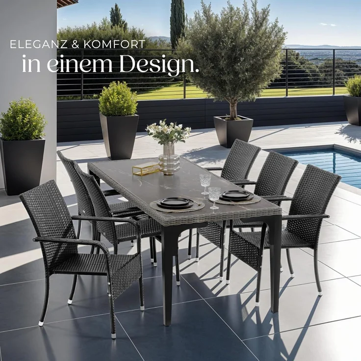 tectake Rattanstuhl Gartenstuhl Girona, stapelbar, Belastbarkeit 120 kg, 58 x 67 x 90 cm (Set, 8 St), Pulverbeschichtetes Stahlgestell für enorme Stabilität – Bild 8