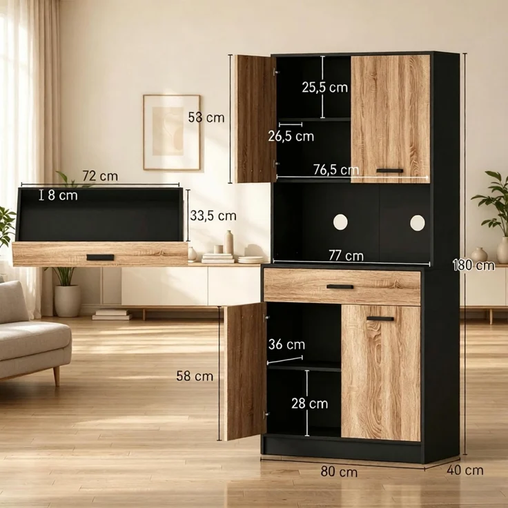 Küchenbuffet 80x40x180 cm im Industrial-Stil, 4 Türen, Schublade und Kabeldurchführungen – Bild 4