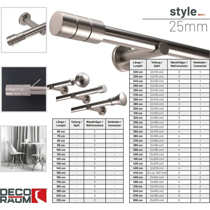 Deco-Raum® Gardinenstange Zylinder 25mm 1-läufig | Länge: 330cm | Material: Metall | Farbe: – Bild 4