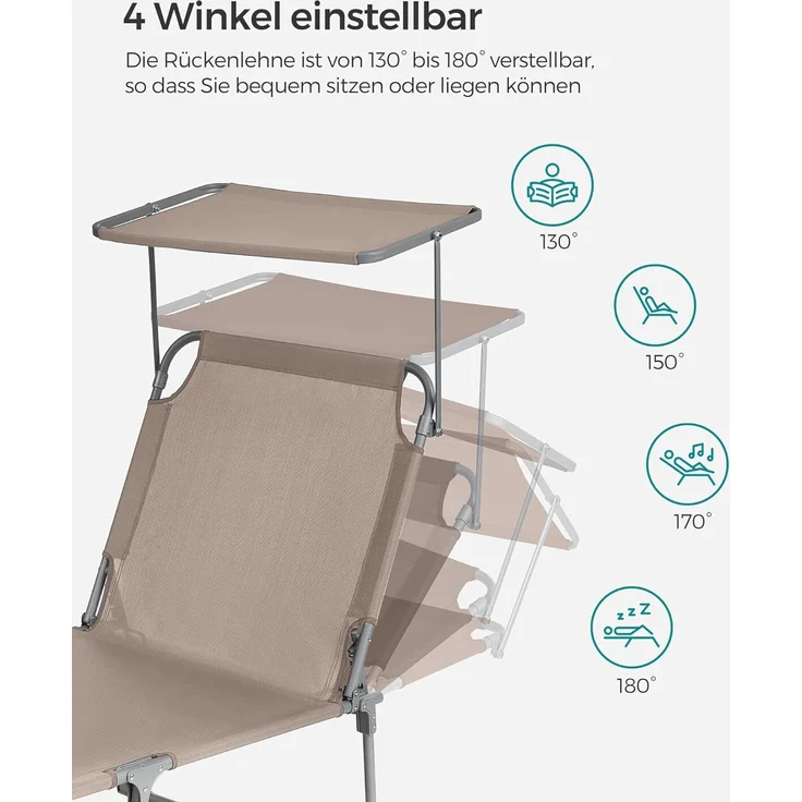 Songmics Sonnenliege, Klappliege, 193 x 53 x 29 cm, Tragkraft 150 kg, mit Sonnenblende und neigbarer Rückenlehne, für Garten, Pool, Terrasse, Taupe GCB192K01 – Bild 4