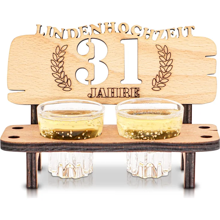 DARO Design - Schnapsbank 31. Hochzeitstag Lindenhochzeit Geschenk Deko für Paare Männer Frauen aus Holz mit Gläsern