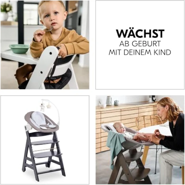hauck Beta+ Hochstuhl Newborn Set mit Deluxe Bouncer - Dark Grey | Mitwachsender Holz Kinderhochstuhl mit Rollen ab Geburt bis 90 kg | inkl. Neugeborenenaufsatz, Essbrett & Sitzkissen – Bild 10
