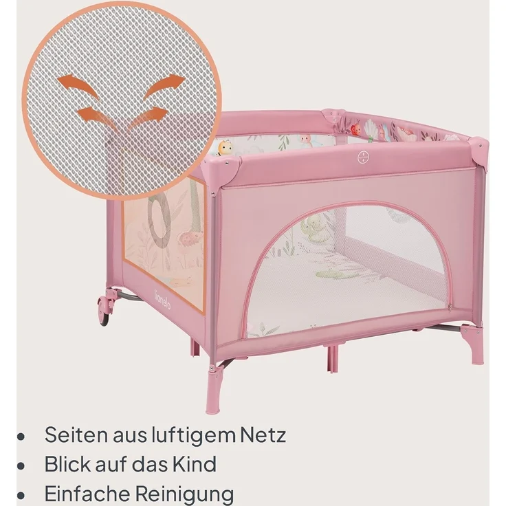 Lionelo Mille Plus 2-in-1 Reisebett und Laufgitter bis 15 kg 0-36 Monate, seitlicher Eingang, 3D-Matratze, 2 Räder mit Bremse für einfaches Zusammenklappen, Tragetasche – Bild 7