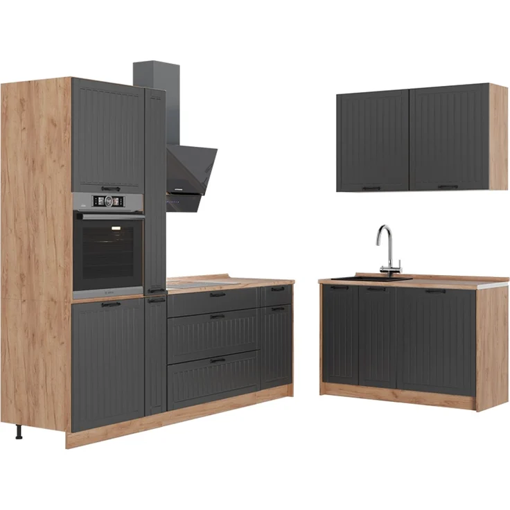 Küchenzeile Fame-Line Dunkelgrau/Goldkraft Eiche 220x120 cm ohne Arbeitsplatte Vicco – Bild 1