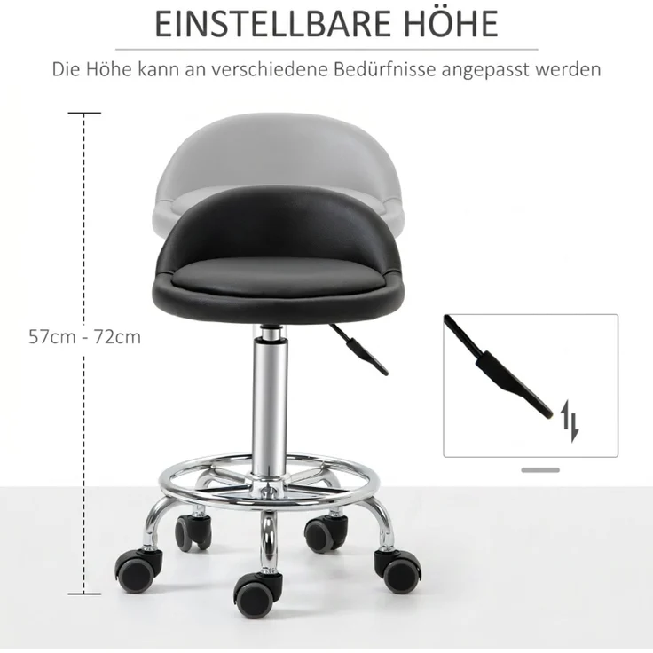 Rollhocker mit Rückenlehne 57-72 cm höhenverstellbar Drehhocker für Büro Salon Massage--Schwarz--38x38x72cm--YOUDENOVA – Bild 5
