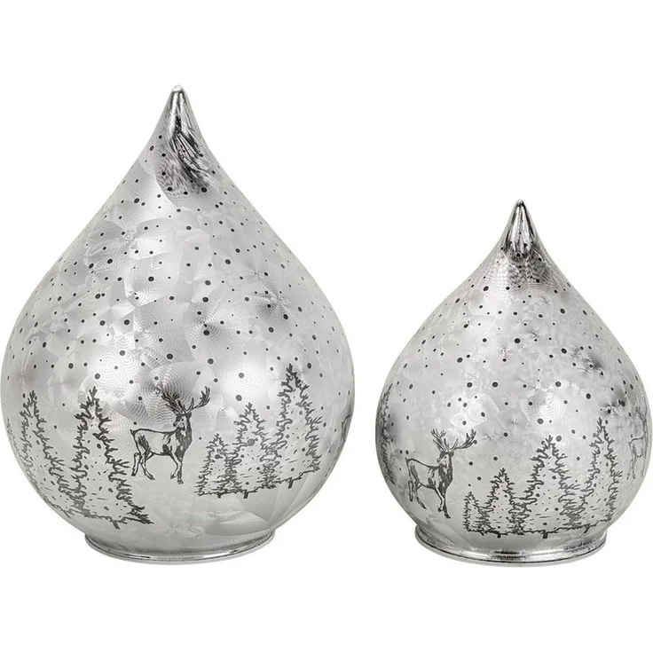 Online-Fuchs LED Dekolicht 2 Glastropfen im Frosty-Stil mit Timer - Stimmungslicht Winterwald, Lichterkette im Dauerleuchten oder seichten Funkeleffekt, warmweiß, Dekoration für Herbst, Winter und Weihnachten – Bild 2