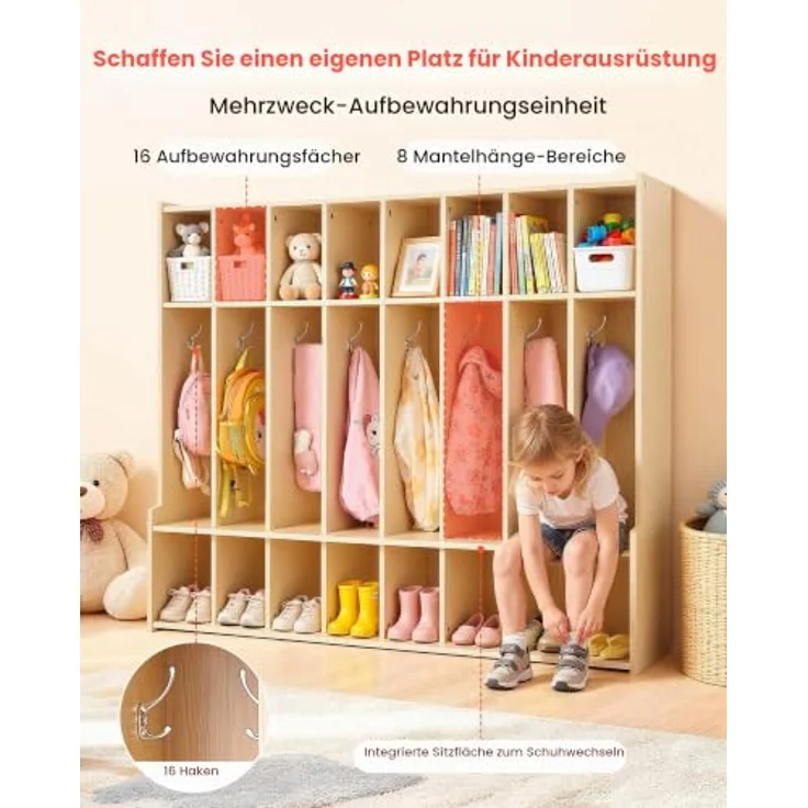 VEVOR Offener Kinderkleiderschrank, Kindergarderobe mit 16 Haken & 24 Fächern (8 Groß + 16 Klein), langlebig und kindersicher für Kindergarten und Zuhause – Bild 3