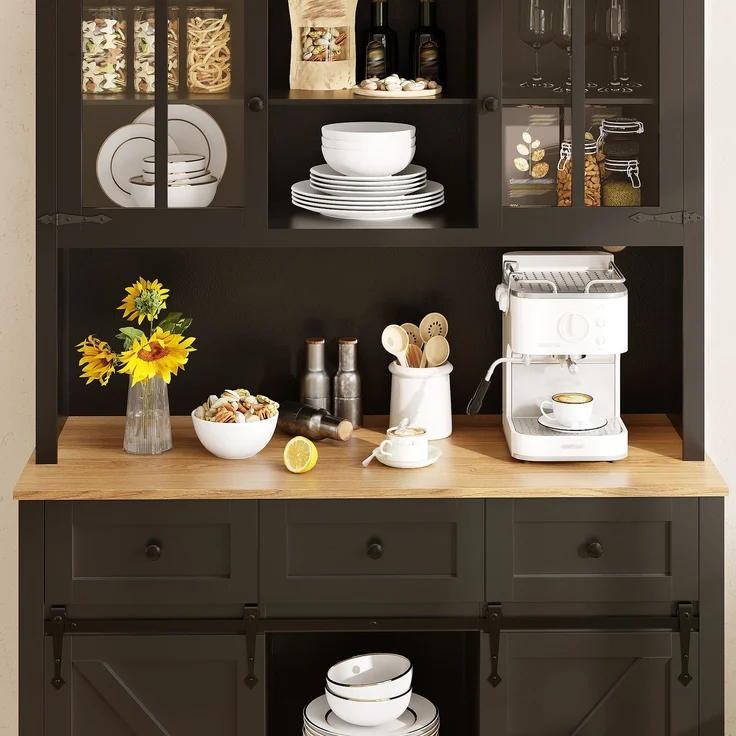 Küchenschrank(105×38.4×180cm), Hochschrank Küchenbuffet, Vitrinenschrank, Buffetschrank mit Verstellbaren Ablagen, Sideboard mit LED-Beleuchtung,Variable Lichtfarben, schwarz – Bild 4