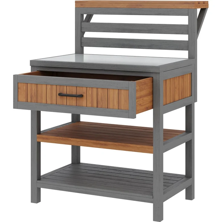 Merax Gartenschrank Holz Outdoor wetterfest Geräteschrank, Outdoor-Schrank mit Edelstahl-Arbeitsplatte & großer Schublade, Grillstation mit doppelter Ablage, kippsicheres Design – Bild 9