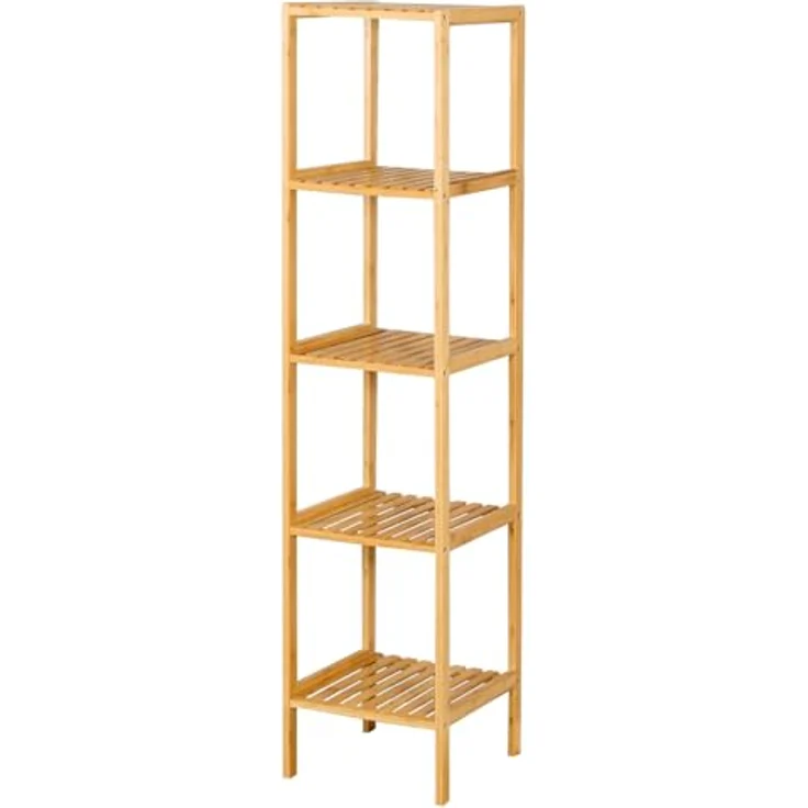 Floordirekt Bambus Regal, schmales Standregal für Badezimmer, Schlafzimmer, Wohnzimmer, Holzregal mit 3/5 Etagen, Regal Größe 34 x 33 x 146 cm (Lowa) (5 Etagen) – Bild 9