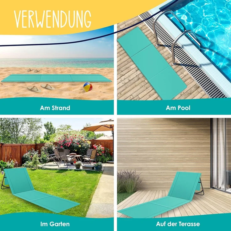 KESSER® Strandmatte, klappbar mit verstellbarer Rückenlehne, faltbar mit Tragegurt, wasserdichter Handyhülle & Aufbewahrungstasche, bis 130kg, Blau, 180cm x 53cm x 40cm – Bild 6