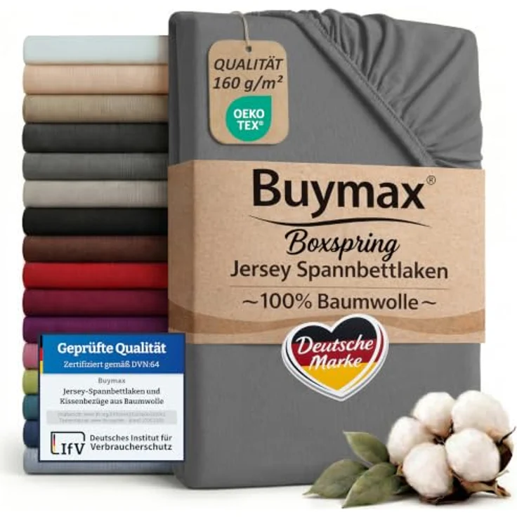 Buymax Spannbettlaken Boxspringbett 180x200-200x220 cm, 100% Baumwolle Jersey, Oeko-TEX, für hohe Matratzen, anthrazitgrau – Bild 1