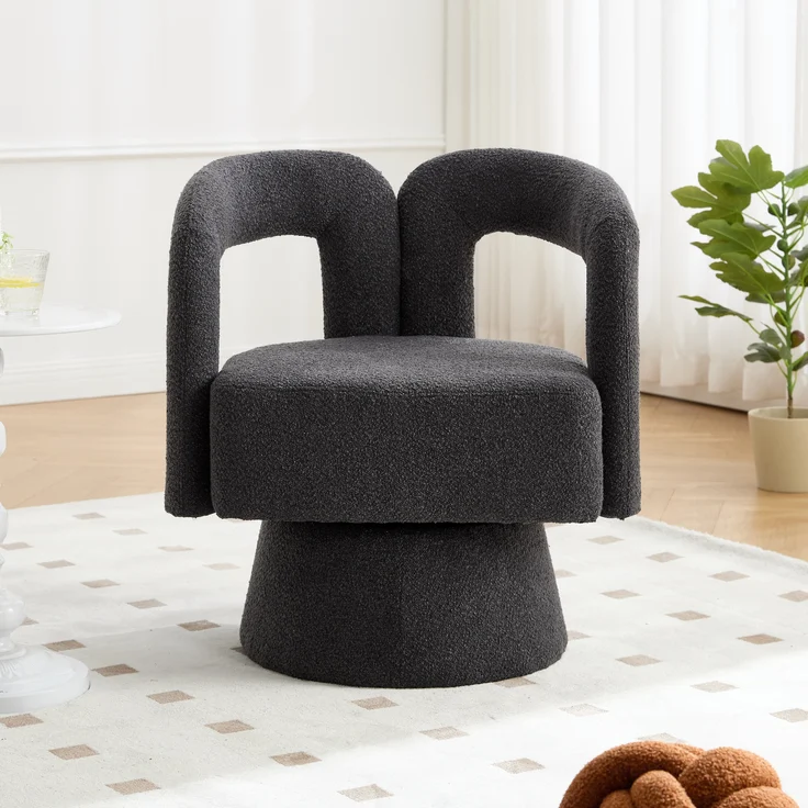 LVHOM Polsterstuhl 360° drehbar, Drehsessel Bouclé-Stoff, Loungesessel mit Armlehnen, Armlehnenstuhl Relaxsessel, Dunkelgrau – Bild 3