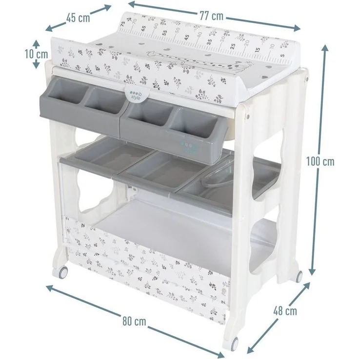 ib style ISA 2-in-1 Wickeltisch mit Badewanne, mobile Wickelkombination, Rollbar, große Aufbewahrungsfläche, Wickelkommode für Babys Kleinkinder, Metric Giraffe Grau – Bild 3