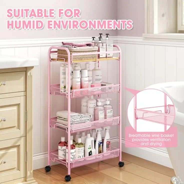 KINGRACK 4-Stöckiger Küchenwagen mit Rollen, Rollwagen Metall, Verschiebbarer Aufbewahrungswagen mit Holzplatte und Gitterkorb Ideal für Enge Räume in Haus und Küche, Badezimmern, Rosa – Bild 4