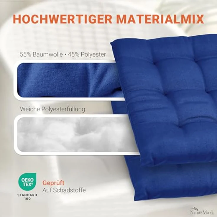 NatureMark 4er Set Stuhlkissen mit Bändern Gr. 40x40 cm Sitzkissen gefüllt, Navy Blau – Bild 8