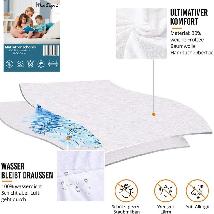 Matratzenschoner 180x200 cm Matratzenauflage - Wasserdicht, Atmungsaktiv & Hypoallergen Montegoni, 180x200cm 100% wasserabweisend, allergikergeeignet, atmungsaktiv – Bild 2