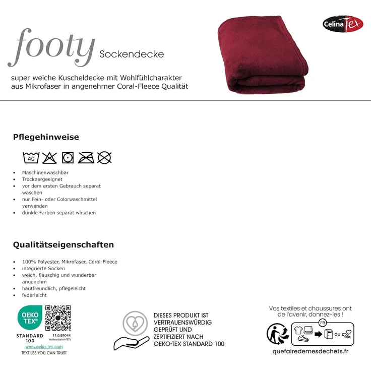CelinaTex Flauschige Kuscheldecke mit Füßen Socken XL 170x200 cm Bordeaux Sockendecke Fußwärmer Mikrofaser Fleece Oeko-TEX Footy – Bild 6