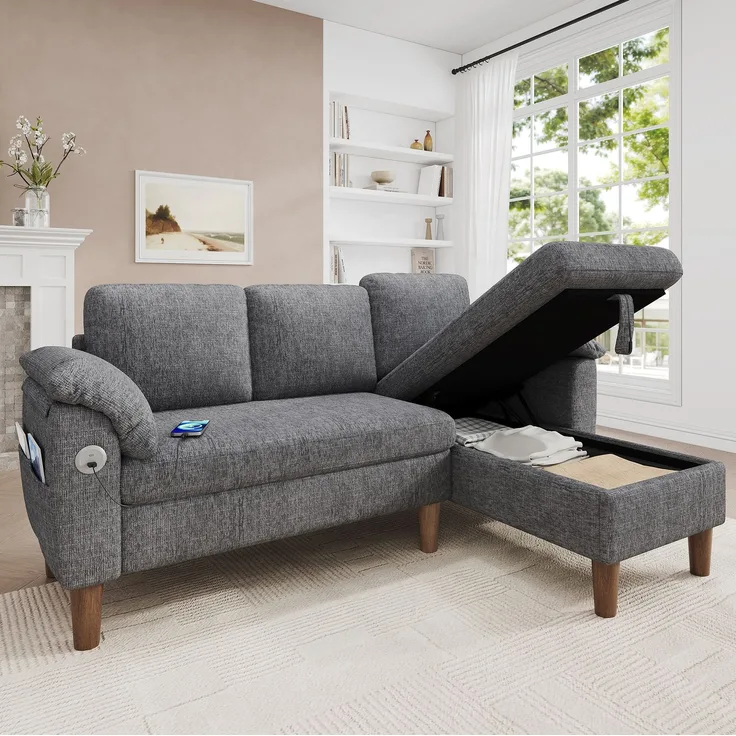 DESVIAE Sofa Ecksofa Hellgrau aus Chenille – 181x88x125 cm – Stauraum, USB-/Type-C-Anschluss