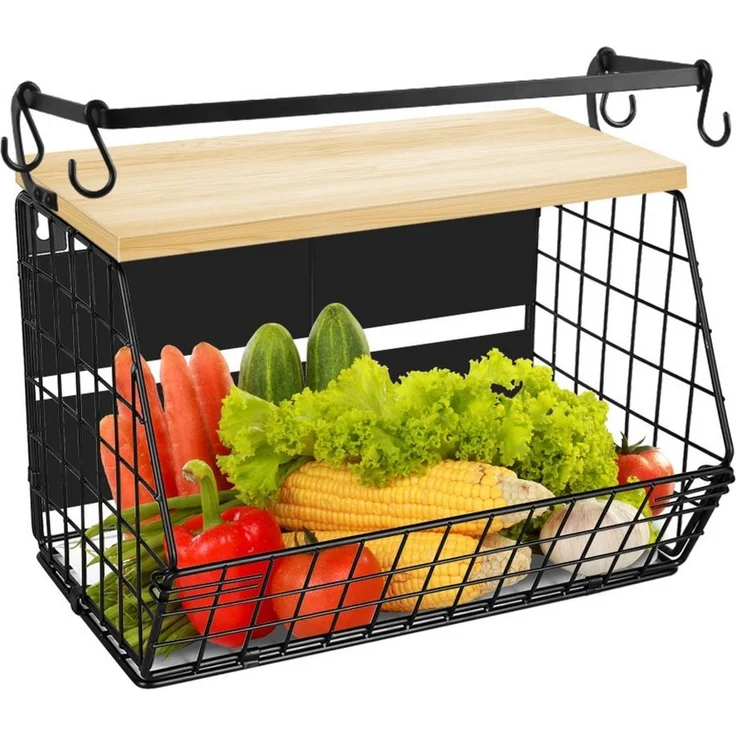 JEOBEST Obstschale Magnetische Obstkorb Hängend, Küchenorganisator, Küchenregal Ohne Bohren, mit Holzdeckel and 4 Bananen Aufhänger Haken – Bild 1
