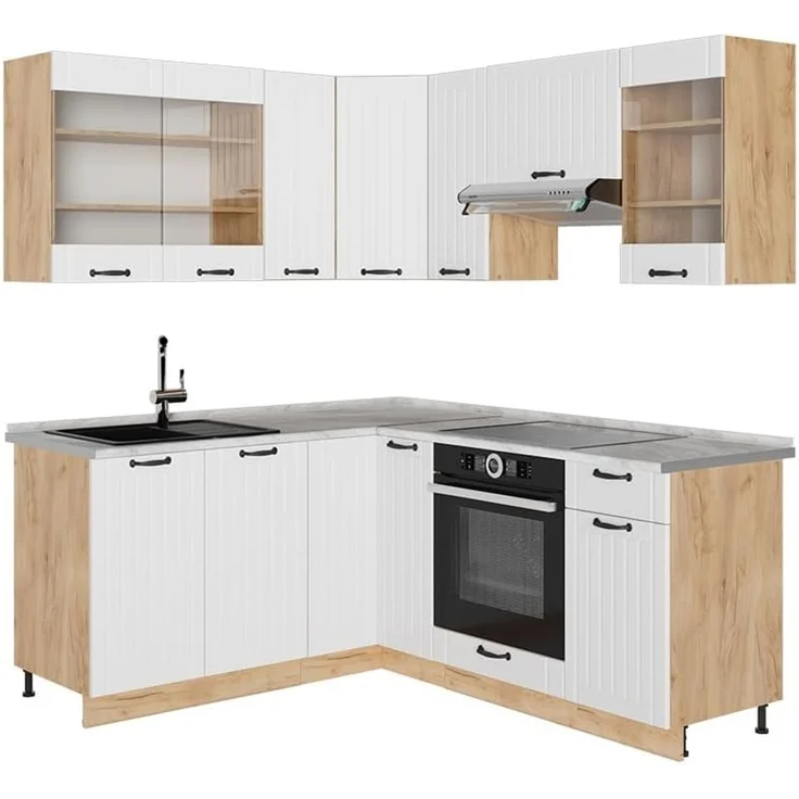Eckküche Fame-Line Weiß Landhaus/Goldkraft Eiche 190 x 160 cm, AP Marmor Vicco – Bild 1