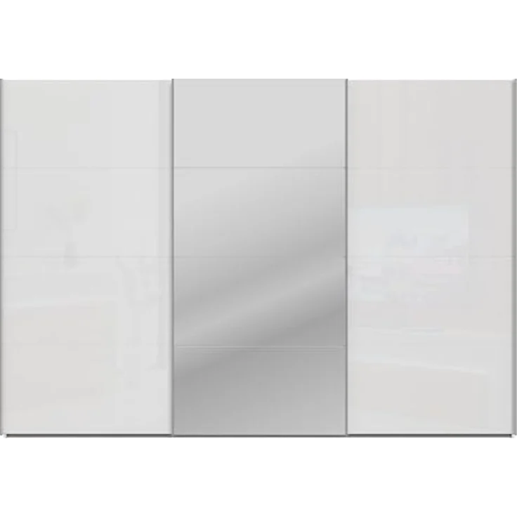Forte SOPHISTISPACE Kleiderschrank 300, moderner Schwebetürenschrank, 3-türig, Einlegeböden, Kleiderstangen, Spiegel, Holzwerkstoff, Weiß/Weiß Glanz, 299,8 cm breit x 210,5 cm hoch x 62,9 cm tief – Bild 4