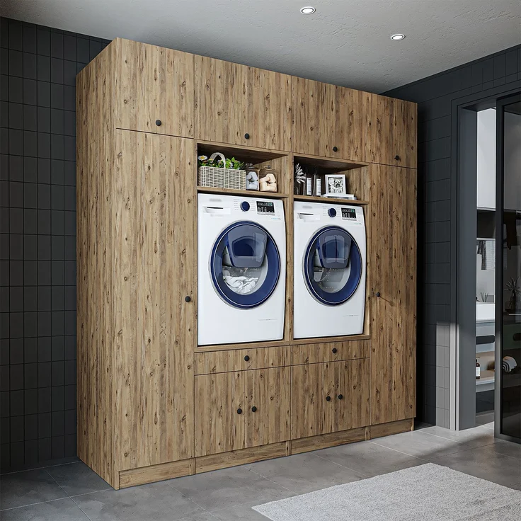 Roomart Waschmaschinenumbauschrank & Schrankwand für Waschküche - SERIE 1 - | 224 cm breit | Waschmaschine & Trockner | Mit Ausziehbrett | Hauswirtschaftsraum Möbel • Eiche – Bild 1