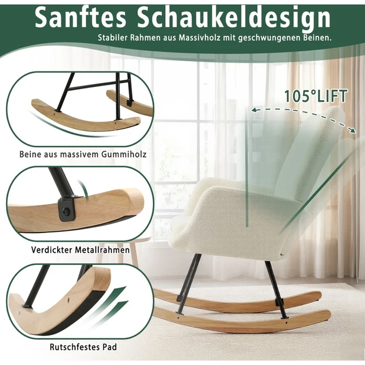 HOME NATURE WOHNKONZEPT Schaukelstuhl mit Kopfstütze, gepolstert, hohe Rückenlehne, Armlehnen, rutschfeste Füße, weißer Seelöwen-Fleece, 98×85×70 cm – Bild 3