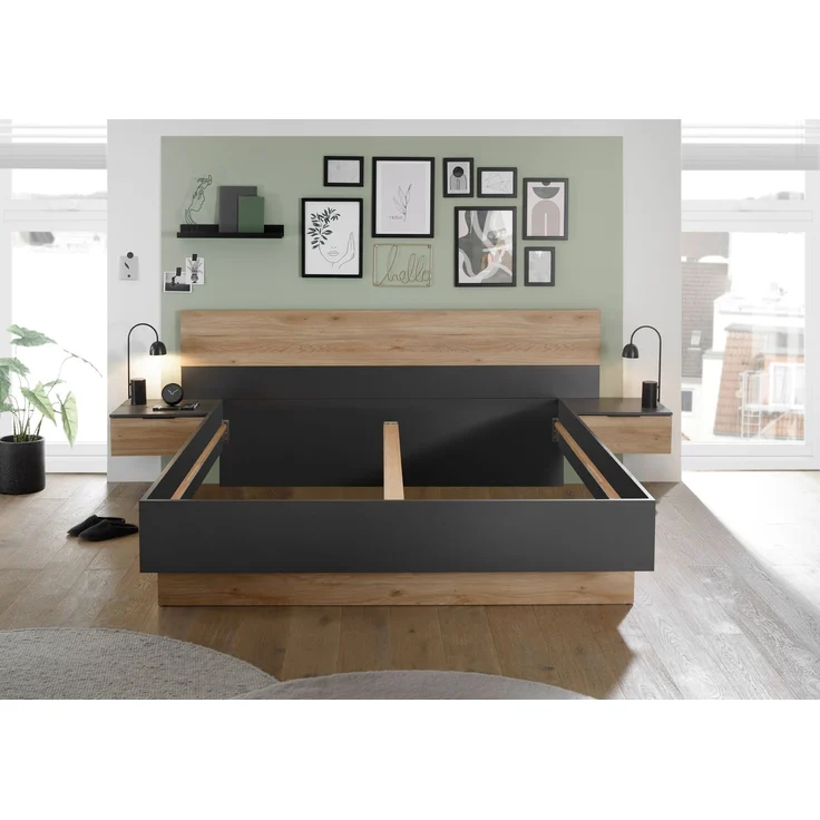 Bettanlage >Aska< 2 Nachtkonsolen, Graphit / Mauvella Eiche Dekor - 285x95x205 (BxHxT) – Bild 3