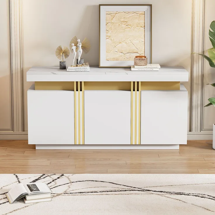 Merax weißes Sideboard, mit 3 Türen, Esszimmerschrank mit verstellbaren Trennwänden, Platin-Nähte
