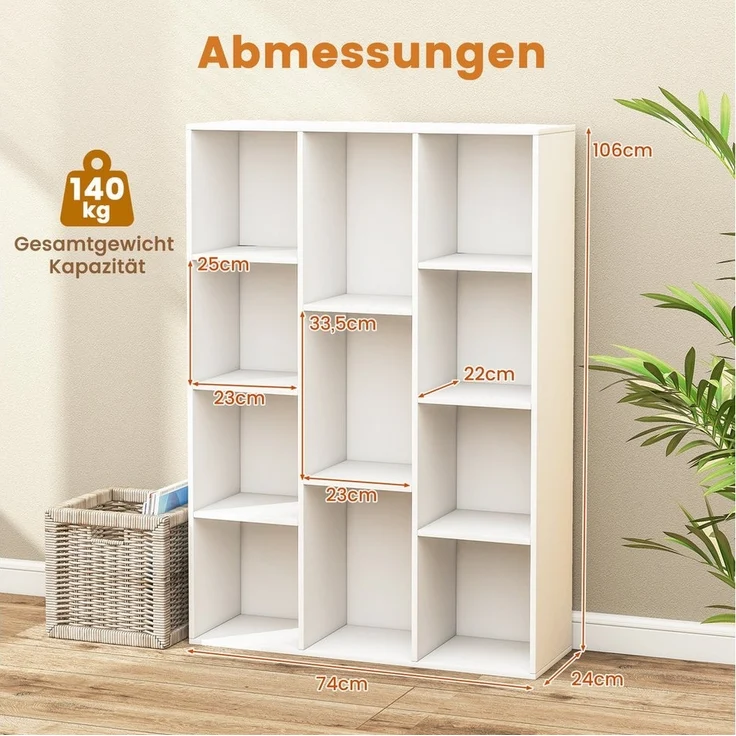 COSTWAY Bücherregal, mit 11 Fächern, bis 140 kg belastbar, 74 x 24 x 106 cm – Bild 2