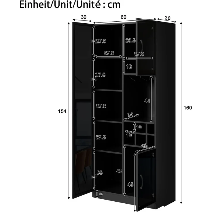 Vitrine 60 x 36 x 160 cm aus MDF und PB mit LED-Beleuchtung, Glastüren und Weinregal – Bild 5