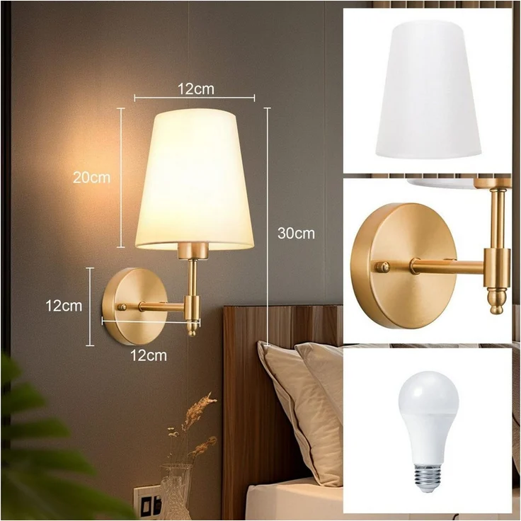 POPOLIC LED Wandleuchte Stoff Kabellose Wandleuchten,Retro Gold Wandlampen mit 1 Glühbirnen, LED wechselbar, Stoff Wandbeleuchtung E26/E27,für Wohnzimmer, Waschtisch, Badezimmer – Bild 2