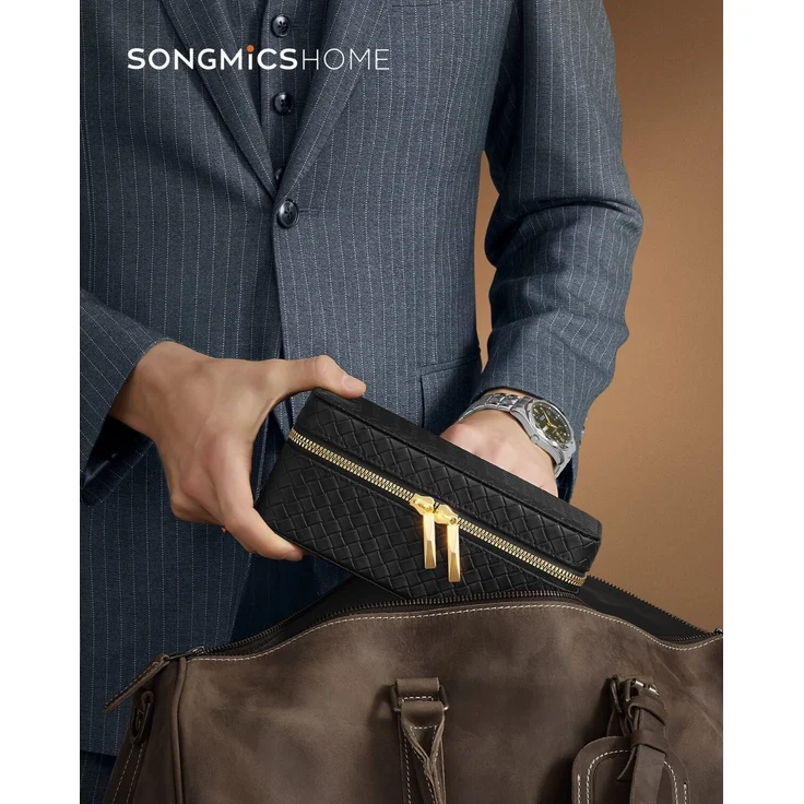 SONGMICS HOME RONNE Kollektion - Uhrenbox unterwegs, Etui für 3 Uhren, PU im Flechtlook, 10 x 20 x 9 cm, Geschenkidee, Bezug in Tintenschwarz, Innenfutter in Schiefergrau JWB017G01 – Bild 2