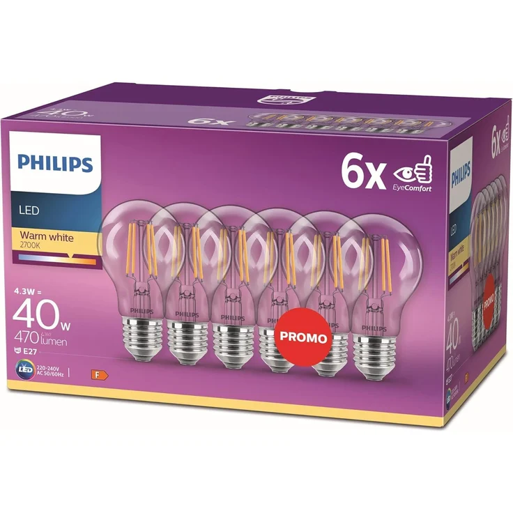 Philips LED Classic E27 Filament Lampen 6-er Pack (40 W), LED Lampen mit warmweißem Licht, LED Beleuchtung mit langer Nutzlebensdauer – Bild 1
