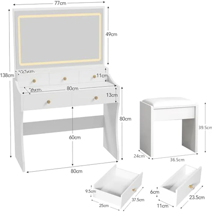 COMHOMA Schminktisch mit Spiegel und LED, 5 Schubladen, 80 x 40 x 135 cm mit Hocker, Steckdosen+verstellbaren LED-Beleuchtung – Bild 7