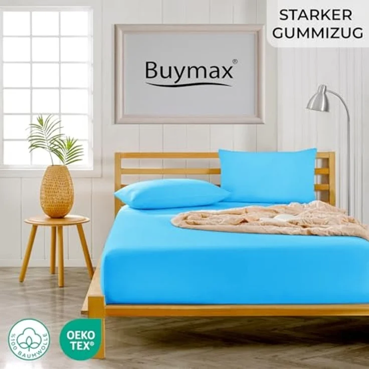 Buymax Spannbettlaken Topper, Spannbetttuch für Topper bis 9 cm Höhe, 100% Baumwolle Jersey, Türkis, Topper 120x200 cm, 1 – Bild 2